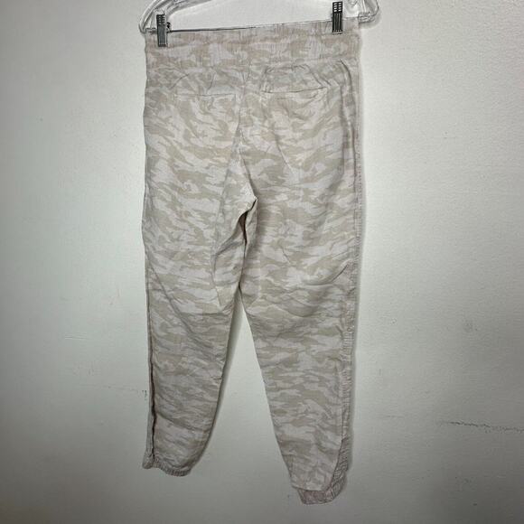 Athleta Cream & Tan Camo Cabo Print Tied Linen Jogger Pant Zip Front Pockets 4 - Picture 7 of 15